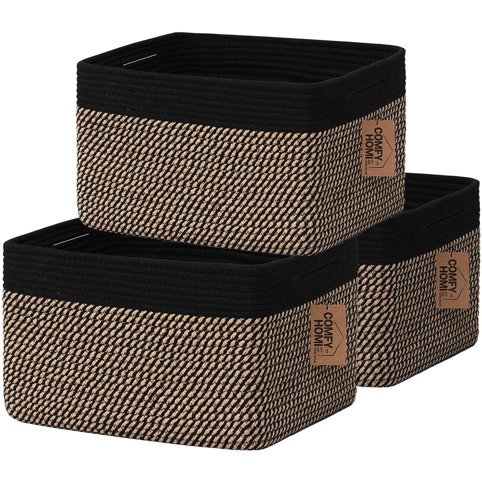 Comfy-Homi 3Pack Cotton Rope Square Basket With Handles For Shelves|Dog Toy Basket Bin And Storage|Baby Basket For Gift|Shoe Basket For Organizing|New 13.5' X 11' X 9.5' For Living Room(Black/Jute)